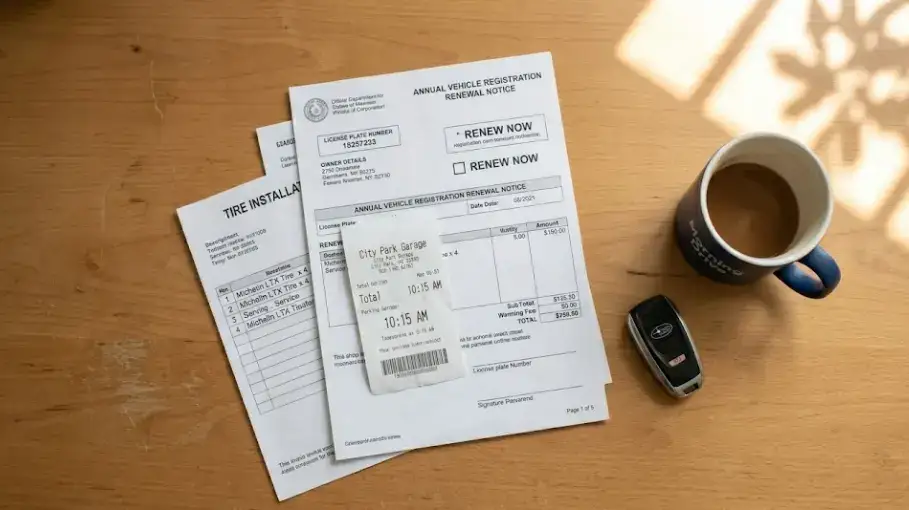 Hidden car ownership costs documents and bills Car ownership paperwork with registration parking and tire invoices