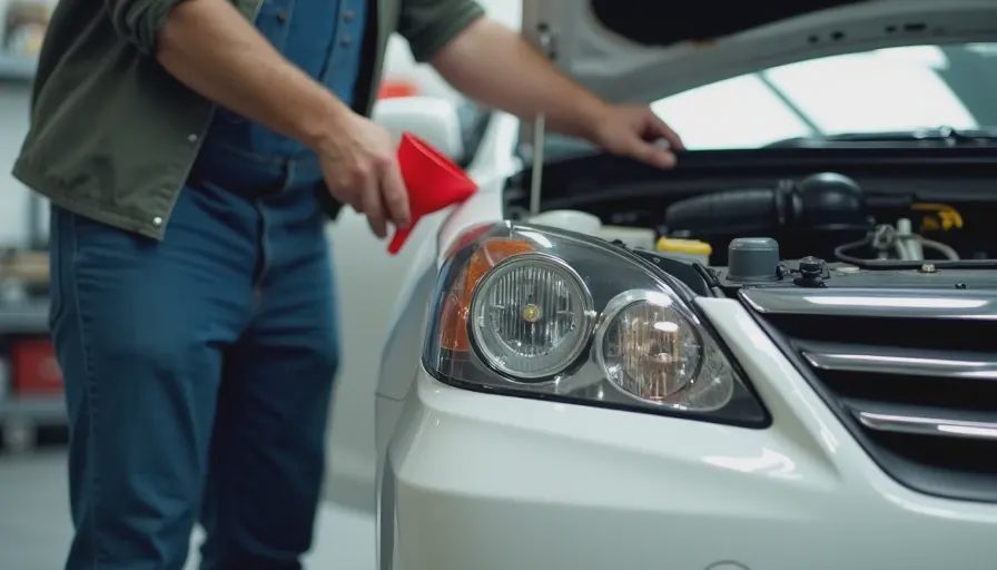 Man adding fresh oil during DIY oil change