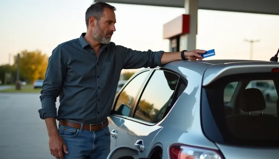 Calculating fuel costs into your car budget Man with car at gas pump managing fuel budget