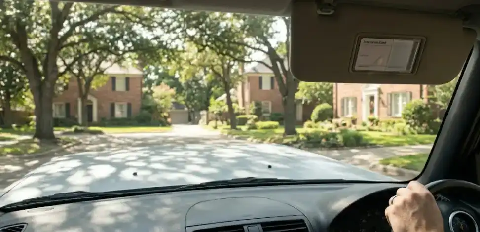 Location and vehicle factors affecting insurance costs Car windshield view with insurance card clipped to visor
