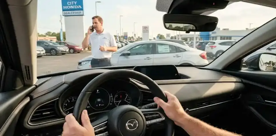 First-time buyer sitting inside car at dealership before test drive