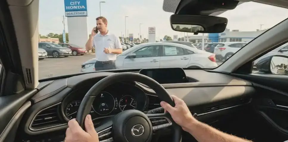 First-time buyer sitting inside car at dealership before test drive