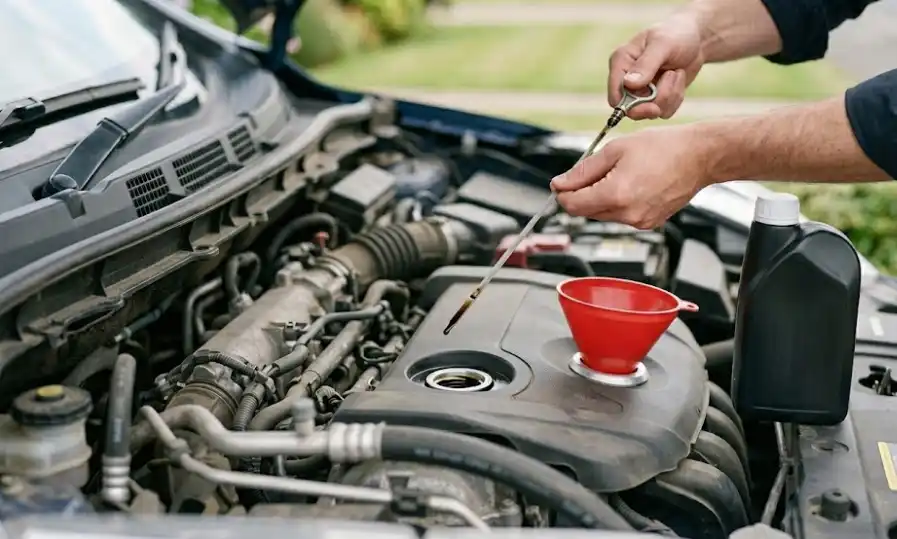 Pre-trip fluid check engine oil before long drive Checking engine oil level with dipstick before road trip