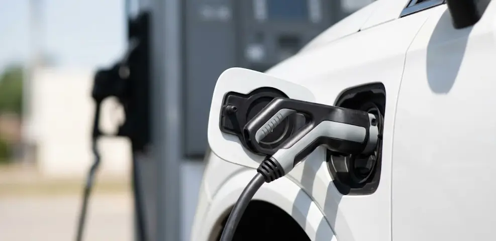 EV charging vs hybrid refueling real world comparison EV charging port plugged with gas pump blurred in background