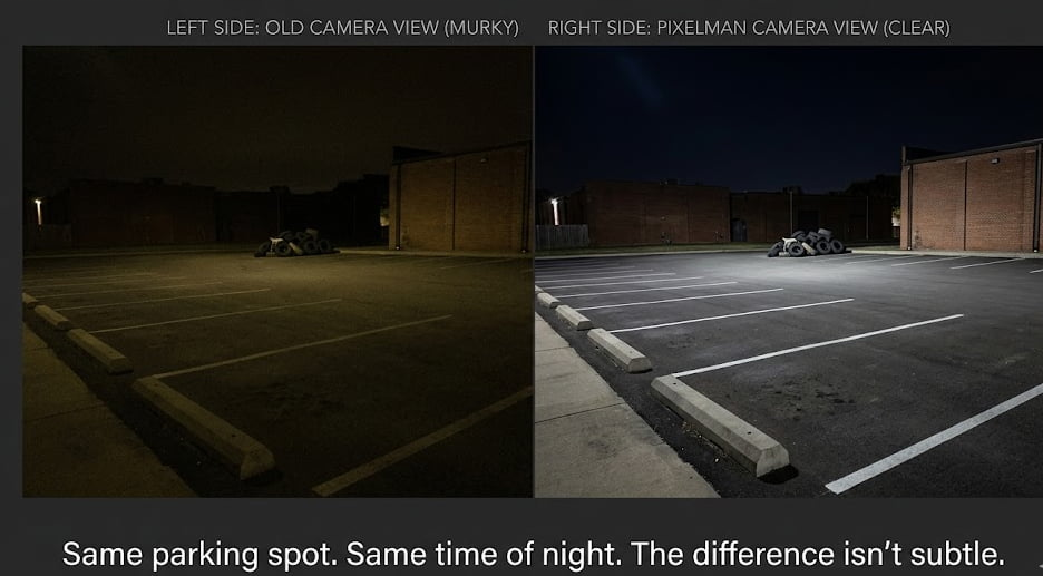 Crisp night vision backup camera image showing driveway and curb