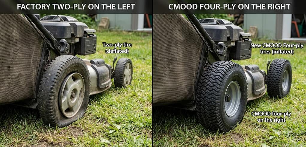 CMOOD pre-assembled tires installed on lawn mower in real yard conditions