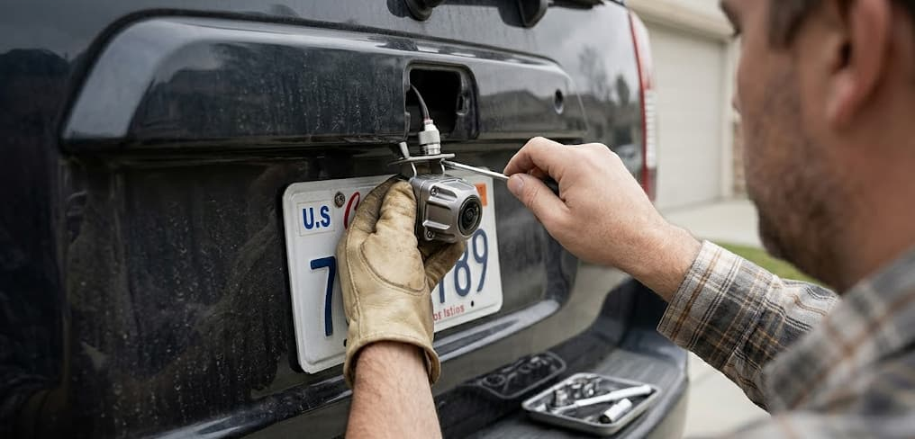 Installing backup camera with screwdriver on license plate